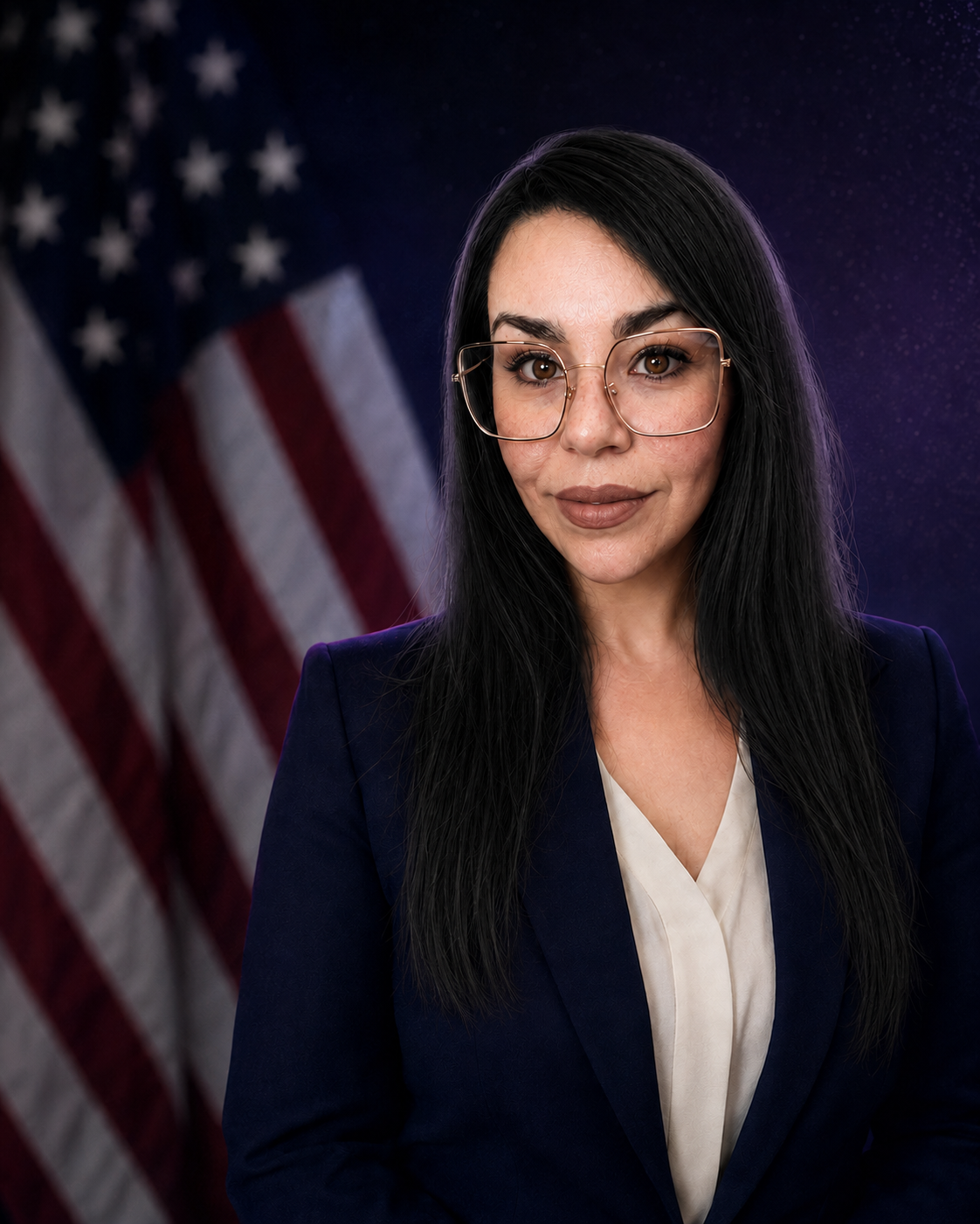 Zaida Lucatero, preparadora de documentos migratorios, frente a la bandera de Estados Unidos